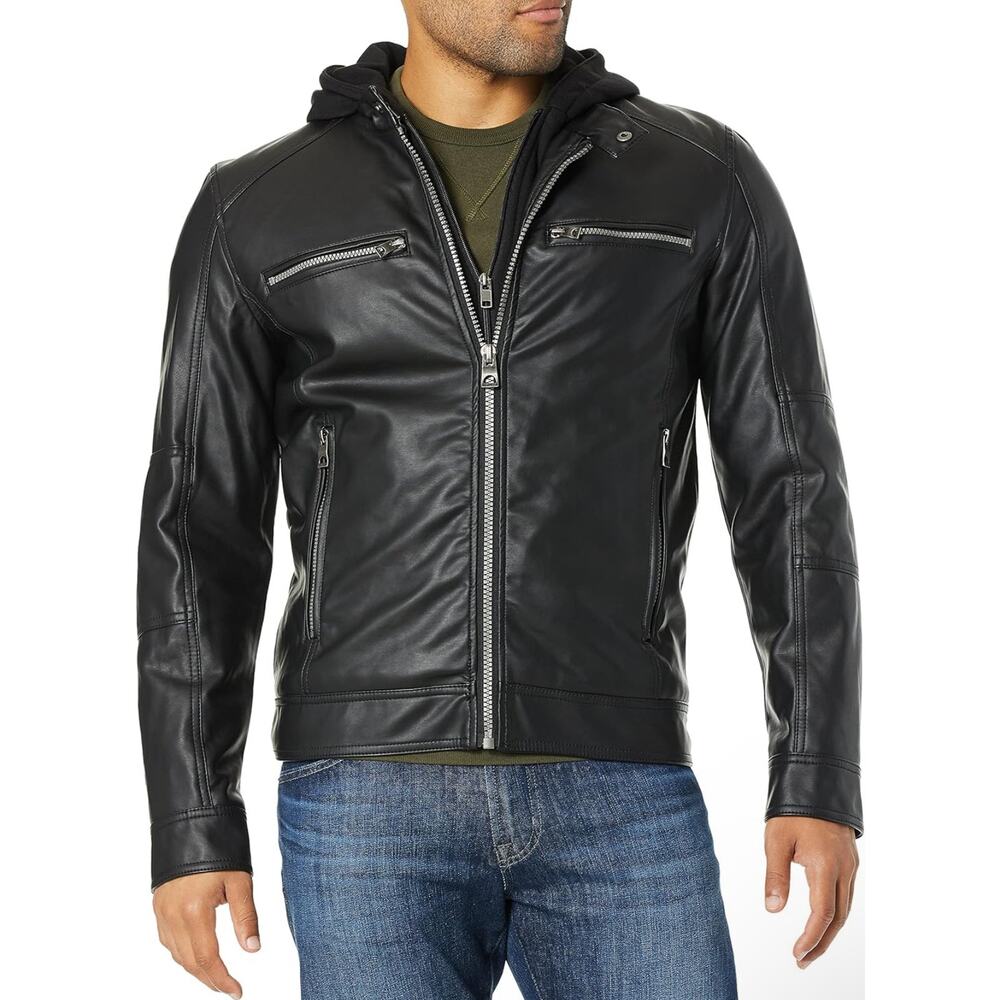 Guess Black Faux Leather Hooded Jacket